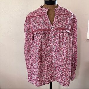 NWT Mercer & Madison button front smocked lace floral calico ruffle blouse Large
